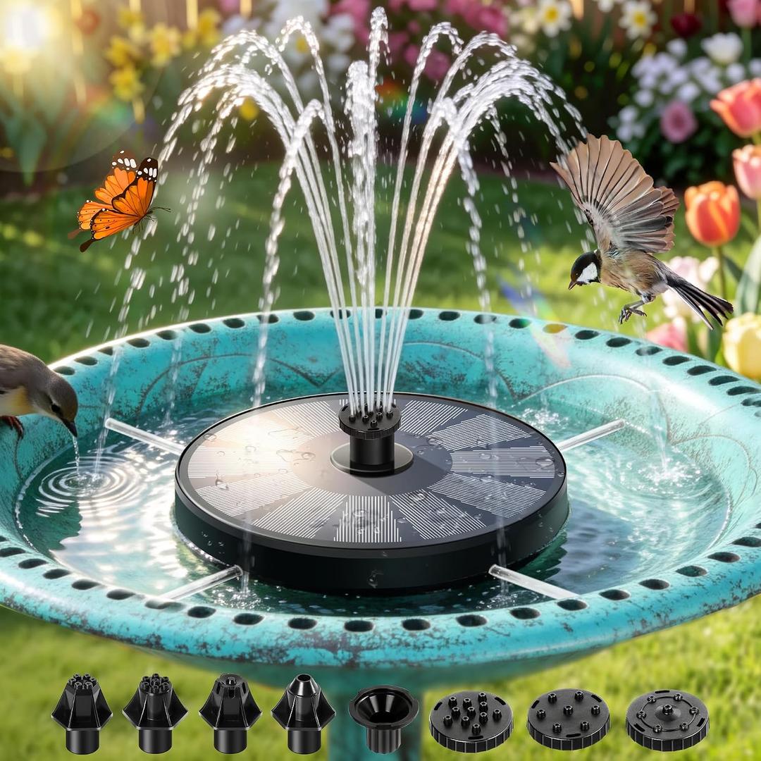 Solar Fountain for Bird Bath with Battery & 7 Nozzles, Solar Water Fountain Pump with Splash-Proof Spray Height & 4 Rods - Keeps Water in Bowl, Solar Outdoor Fountains for Pond, Patio, Garden
