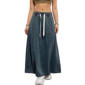 Womens Denim Skirt Casual High Waist Paperbag Elastic A Line Long Maxi Flare Skirt Summer Beach Jean Skirt XL