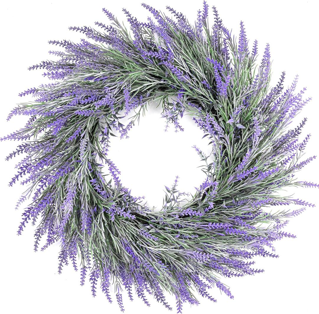 Summer Lavender Door Wreath, 20Inch Summer Front Door Wreath, All Seasons Wreaths Purple Artificial Lavender Wreaths for Outdoor Outside Indoor Wall Window Home Rustic Farmhouse Decorations