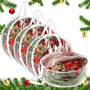 4 Pcs Christmas Wreath Storage Bag, 24 Inch Clear Xmas Wreath Storage Container, Garland Holiday Artificial Wreath Storage Holder, Water Proof Transparent PVC with Handles