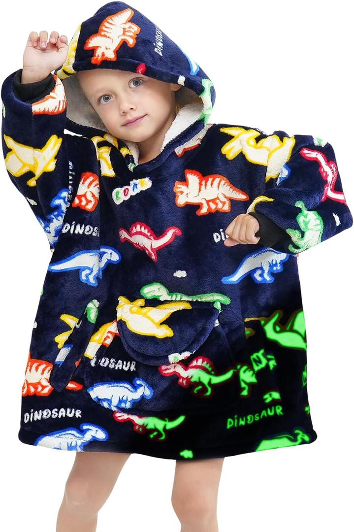 REXEO Wearable Blanket Hoodie for Kids Fleece Sweatshirt Blanket Dinosaur Gifts for Boys Girls Flannel Hooded Blanket with Pocket and Sleeves for Kids (Kids 2-5YR)