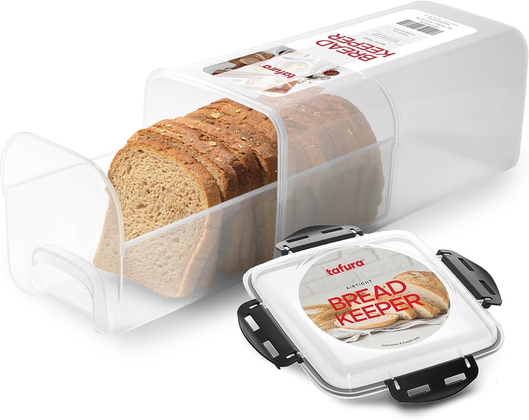 Tafura Bread Storage Container with Tray, Plastic Bread Box, Bread Container with Airtight Lid, Loaf Bread Keeper, Bread Holder for Homemade Bread, BPA Free (Black - 1 Pack)