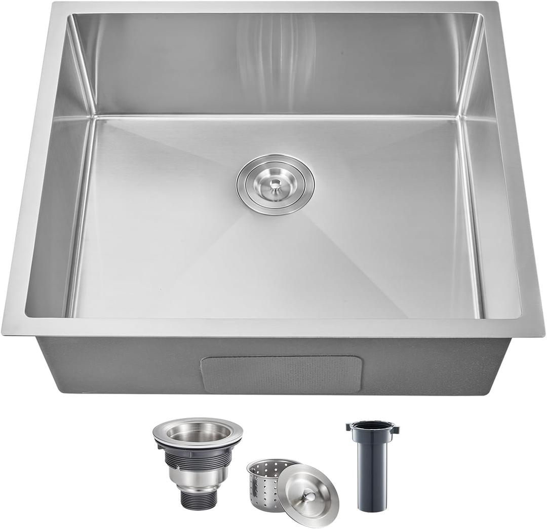 MENATT 25 Inch Undermount Kitchen Sink, 25 x 22 Inch 304 Stainless Steel Handmade Single Bowl Kitchen Sink, Brushed