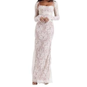 Women Vintage Cream Lace Maxi Dress Romantic Long Sleevees Lace Bodycon Dress White S