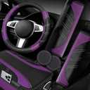 NBTEPEM 6 Pcs Purple Car Accessories Set, Sport Leather Steering Wheel Cover 14.5-15inch Universal, Leather Car Center Console Cover, Seat Belt Cushion, Cup Holder Coaster (Black-Purple)