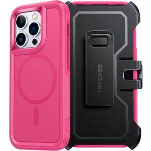 FNTCASE for iPhone 13 Pro Case: iPhone 14 Pro Magnetic Dual Layer Protective Cell Phone Cover with Belt-Clip Holster | Heavy Duty Military Grade Shockproof Protection Non Slip Textured Back Phonecase (Hot Pink)