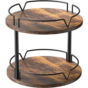 KLM 12" Wood Lazy Susan, Rotating Spice Rack, 2 Tier Spice Turntable Organizer, Industrial Turntable Spice Holder, for Kitchen Countertop and Cabinet, Compact and Versatile, Rustic Brown