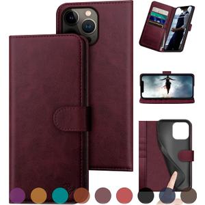 DuckSky for iPhone 13 Pro 6.1" Genuine Leather Wallet caseRFID Blocking4 Credit Card HolderReal Leather Flip Folio Book Protective Cover Women Men for Apple 13Pro Phone case Wine Red