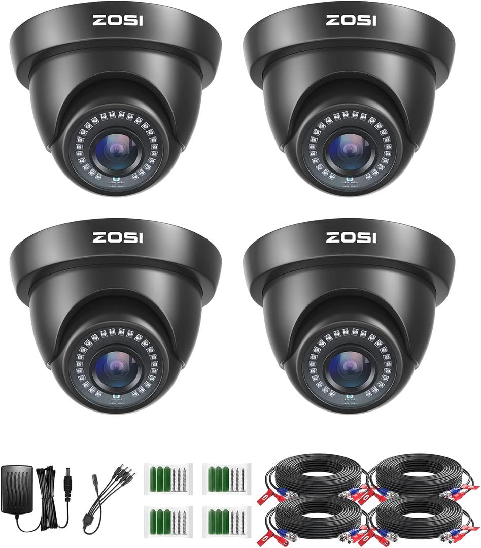 ZOSI Paquete de 4 cmaras de seguridad para el hogar HD-TVI de 1080p 2MP HD-TVI 1920TVL, cmara de vigilancia resistente a la intemperie CCTV de cpula negra, visin nocturna de 80 pies, 24 LED,