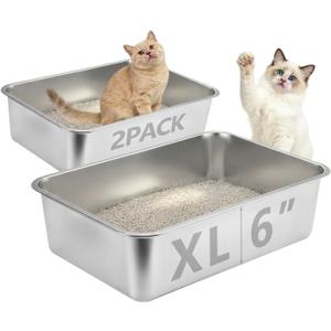 Homegroove Stainless Steel Litter Box 2 Pack, 20"x13.8"x6" XLarge Metal Cat Litter Box with High Sides, Non-Stick Easy to Clean Surface, Jumbo Size for Big Cats & Multiple Cats