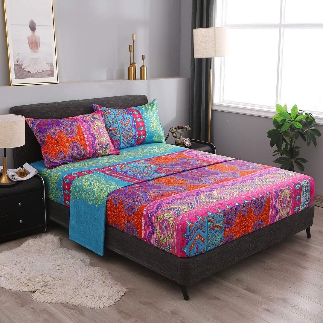 Pangzi Bohemian Retro Bedding Sheet Set,Boho -1 Fitted Sheet, 2 Pillow Cases - 4 Piece Twin