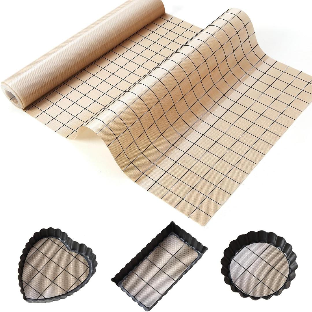 Silicone Baking Mat Roll 16IN*5FT Free Cutting, Non-Slip Pastry Mat, Non-Stick Reusable Air Fryer Liner, Oven Liners, Counter Mat, Freeze Dryer Mat, Easily Cut to Size Fit All Ovens Pans Tins Dishes (60"L x 16"W, Beige Black Line)