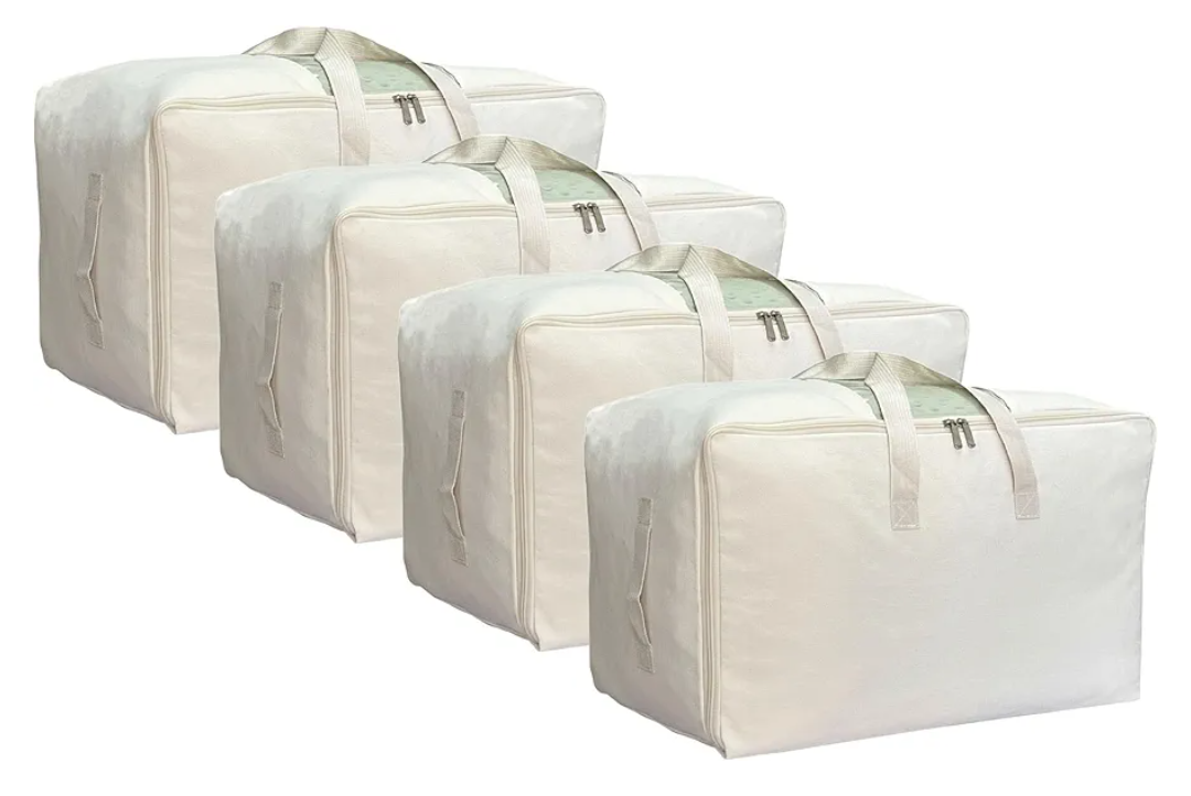 Soft Large Canvas Storage Bags with Zipper and Clear Window, Cotton Linen Storage Organizer for Pillows, Quilt, Blankets and Comforter, 80L, 4 Pack, Beige