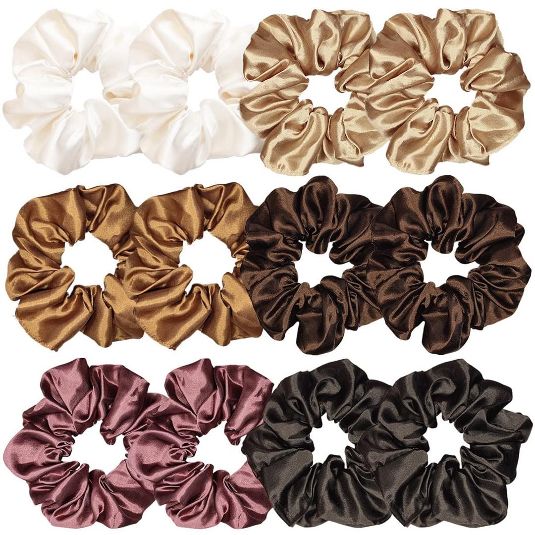12 Pcs Satin Silk Scrunchies - Soft Hair Ties, Fashion Hair Bands, Hair Bow Ropes, Elastic Bracelet Ponytail Holders for Women and Girls (4.5 Inch, Classic Color Pair)
