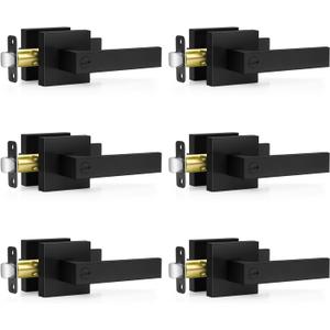 Plustool 6 Pack Matte Black Door Handles Interior, Keyless Interior Door Knobs, Privacy Door Locks for Bedroom Bathroom, Heavy Duty Square Door Lever Locksets, Reversible for Left&Right Handled Doors