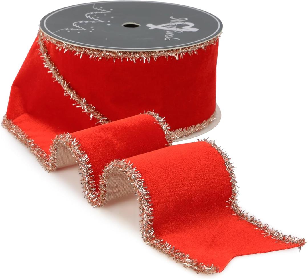 MAYREEL Christmas Velvet Wired Ribbon 2.5 Inch Red with Gold Tinsel for Tree Decorations, Garlands, Wreaths, Gift Wrapping and Holiday Crafts - 10 Yards