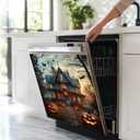Haunted House Dishwasher Magnet Full Door Cover, Halloween Pumpkin Kitchen Decor Magnetic Dishwasher Cover Vinyl Decal, Happy Halloween Fridge Stickers Front Door Cover, Easy Update, 23Wx26H Inches