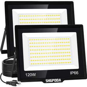 2 Pack 120W LED Flood Light Outdoor, 14400LM Floodlights with Plug, IP66 Waterproof Outdoor Led Lights, 5000K White LED Work Light Security Lights for Yard, Garden, Stadium, Playground, Lawn