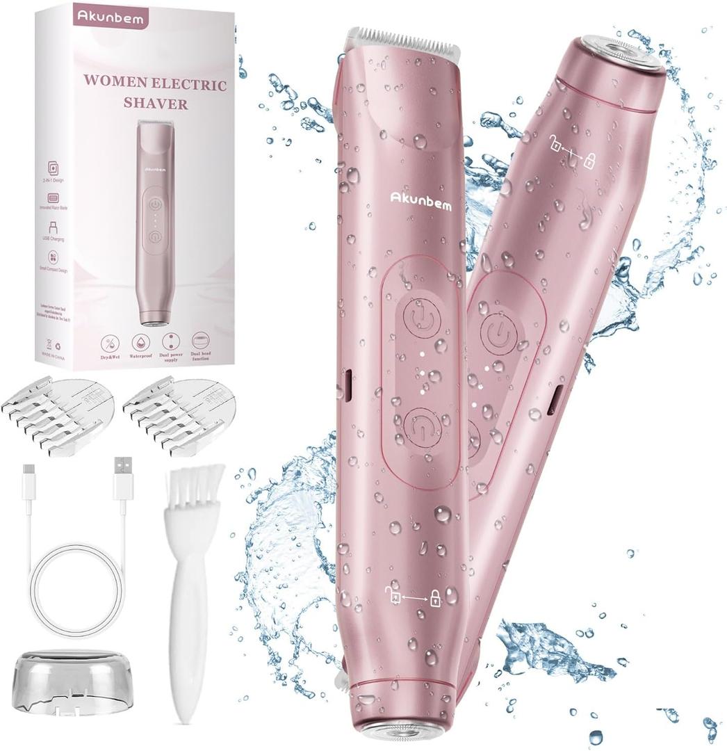 Bikini Trimmer for Women - 2 in 1 Electric Razors for Women - Dual Head Electric Shaver - IPX7 Waterproof Wet & Dry Use Body Hair Trimmer and Facial Hair Remover for Bikini Underarm Leg Arm (Pink)