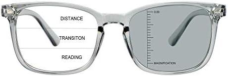 LAMBBAA Vintage Square Progressive Multifocal Presbyopic Glasses, Photochromic Gray Sunglasses for Men Women Readers (+0.00/+1.25 Magnification)
