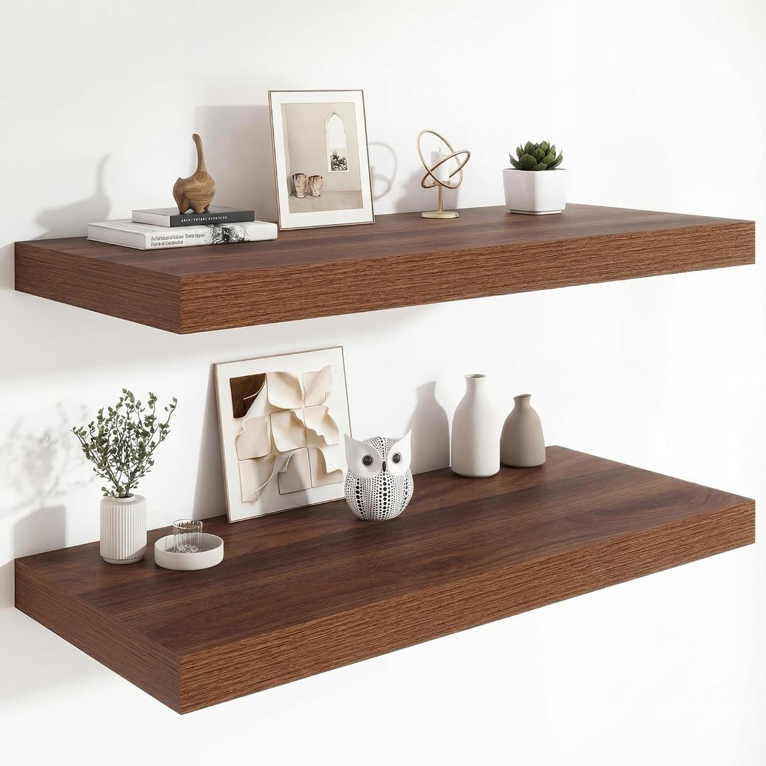 Heimlove 12" Deep Floating Shelves, 36 x 12 Inch Wall Mounted Long Floating Shelf with Invisible Brackets, for Home Decor, Bedroom, Kitchen, Living Room, Bathroom - 2 Pack, Walnut