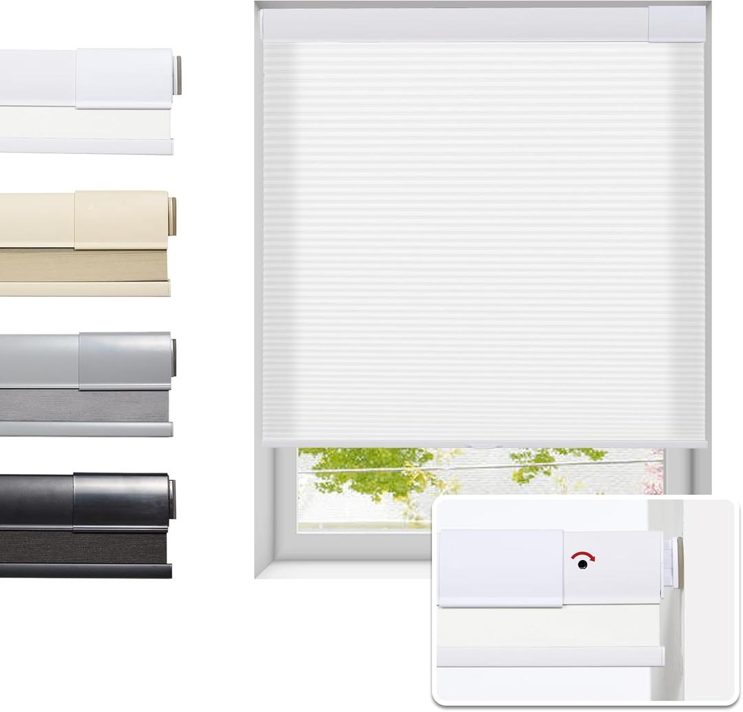Tonature No Drill Cellular Shades for Indoor Windows, Thermal Insulating & Noise Reducing Honeycomb Blinds, Cordless Free Stop Blinds Light Filtering, White, 22" W x 64" H