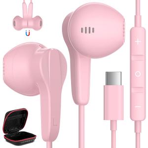 USB C Headphone for iPhone 17 Air 16 15 Pro Max Plus/iPad, Type C Earphone with Mic HiFi Stereo Magnet Cute USBC Wired Earbud for Samsung Galaxy S26 S25 S24 Ultra A35 S23 Fe S22+ A17/Pixel 10 9, Pink