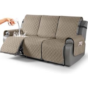 TAOCOCO 100% Waterproof Recliner Covers, Recliner Sofa Covers with Leg Straps, Reversible Recliner Couch Cover for Reclining Chair, Washable Couch Protector for Pets Kids(3 Seater, Taupe)