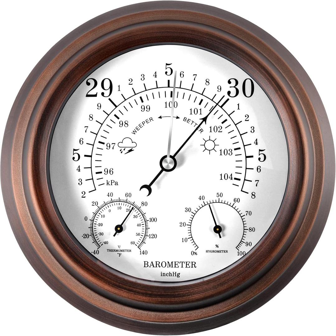 8'' Barometer Thermometer Hygrometer - 3 in 1 Atmospheric Pressure Temperature Hygrometer Weather Station, Hanging Premium Steel Barometer for Home Wall, Fishing Boat, Baby Room, Office