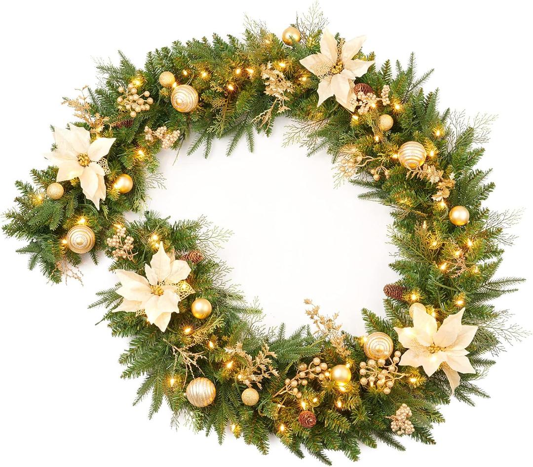 AMERZEST 9Ft Christmas Garland Prelit with Gold Berries and Balls, Flower and 50 Lights Plug in, Holiday Decoration Fireplace Stairs Mantle Door Indoor Outdoor