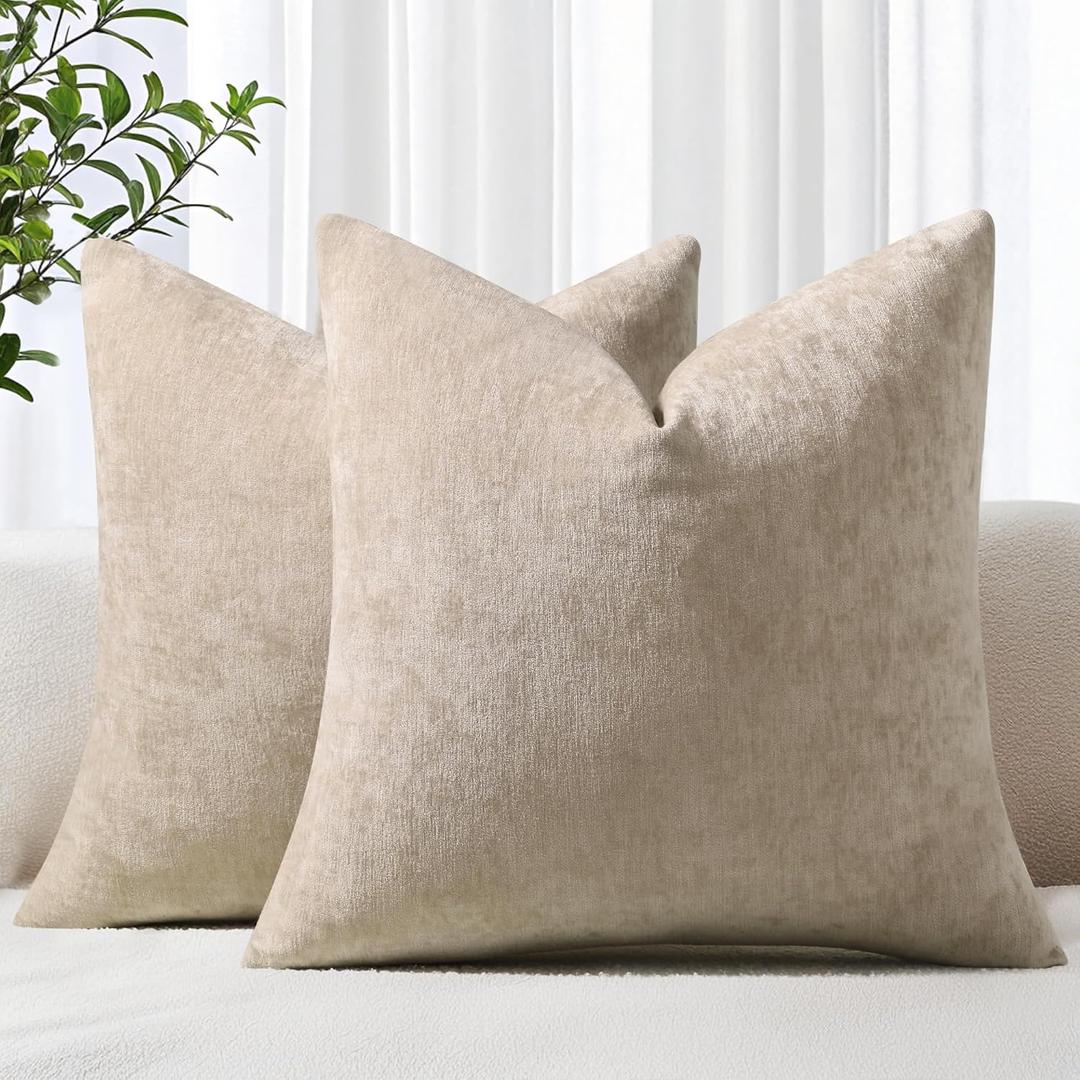 decorUhome Chenille Bleached Sand Throw Pillow Covers 22x22 Inch Set of 2, Decorative Soft Couch Pillow Covers Solid Dyed Accent Farmhouse Neutral Square Pillow Cases for Sofa Bed Living Room