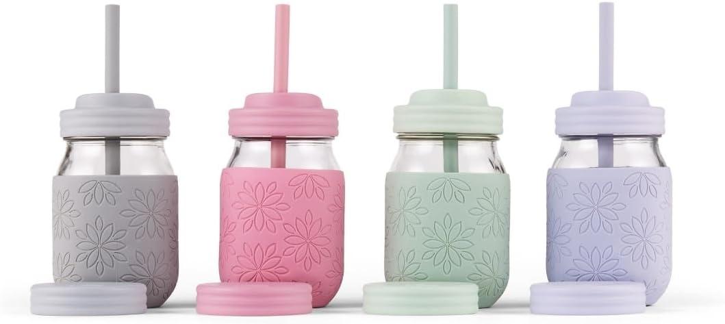 Elk and Friends 16 oz Mason Jar Cups with Straw Lids + Silicone Straws | Pint Glass Jars | Smoothie Cups | Drinking Glasses | Oats Container + Food Storage | 4 Pack (Sage/Gray/Soft Lilac/Plum)