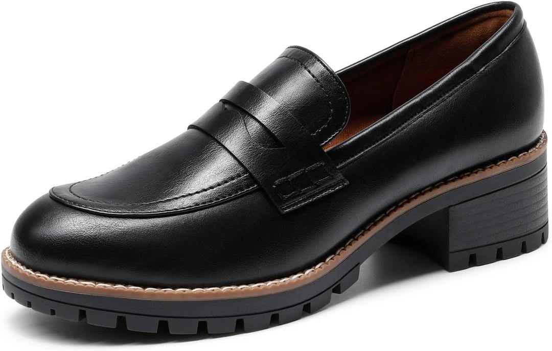 DREAM PAIRS Women's Platform Chunky Heeled Loafers, Womens Business Casual Shoes (9, Black Pu)