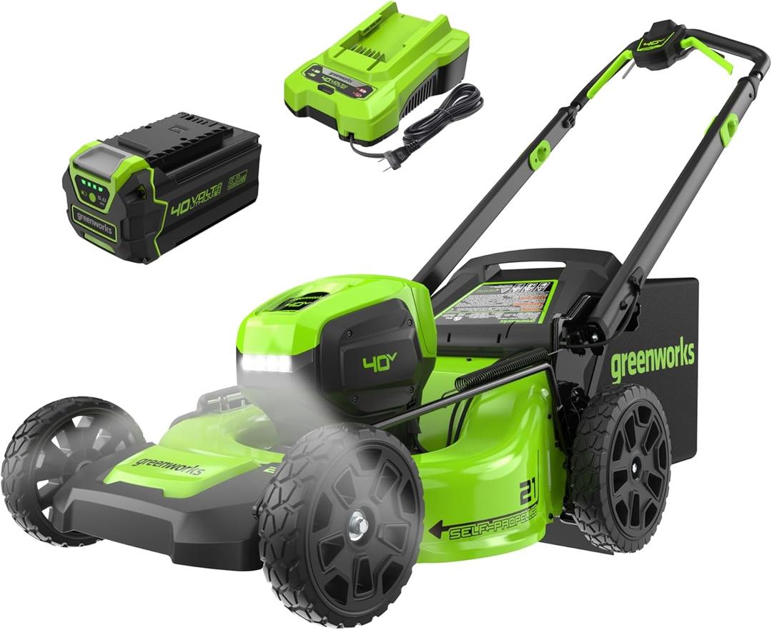 Greenworks 40V 21" Self-Propelled Cordless Lawn Mower  Brushless Motor, 5.0Ah Battery & Charger(75+ Tool Compatible)