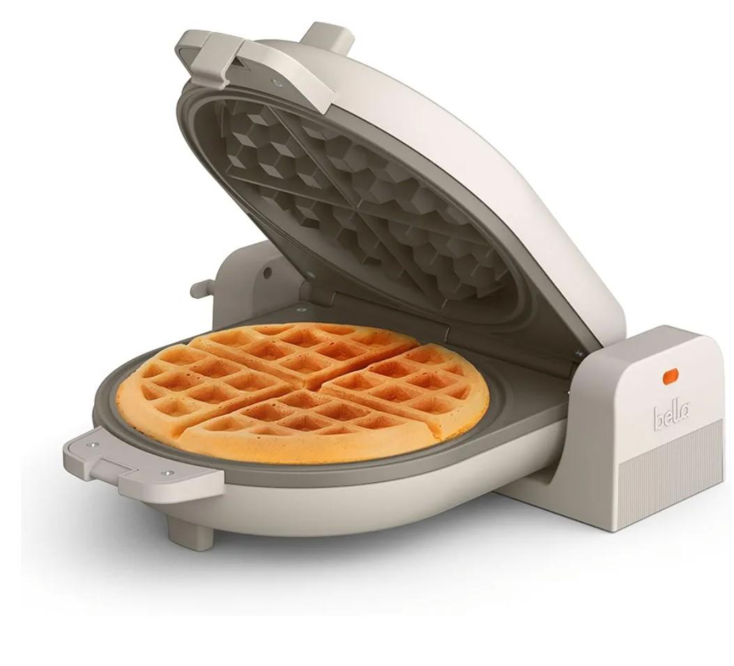 bella Flip-n-Store Waffle Maker with EverGood™ Ceramic Nonstick Coating, Fits-anywhere™ Kitchenware, Power Indicator Light, Cool Touch Handle & Cord Wrap, 7” Wide & 1" Deep Plates, 1000 Watt, Oatmilk