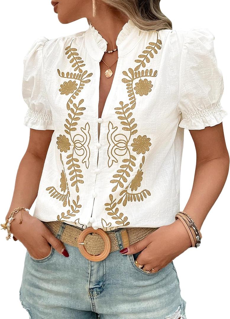 Women's Summer Tops 2025 Casual Ruffle V Neck Puff Short Sleeve Button Down Shirts Embroidered Blouses (X-Large, Apricot White)