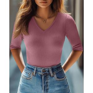 Riyiper 2 Pack Women's Half Sleeve Top Elbow Length Ribbed Cotton T Shirt Women V Neck Summer Tee Slim Fit Casual Blouses (Medium, Pink, Gray Green)