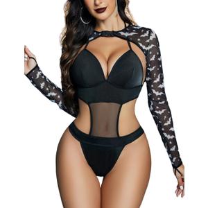 Avidlove Rave Outfits for Women Festival Sexy Lingerie Bodysuit Buckle Shrug Crop Top Set (Small, Black) 