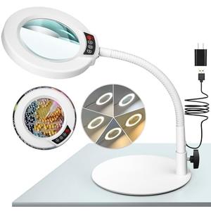Krstlv 10X Magnifying Glass with Light and Stand, 5 Color Modes Stepless Dimmable LED Lighted Desk Lamp, Hands Free Flexible Gooseneck Magnifier with Light for Craft Hobby Painting Close Work - White (Missing Lamp)