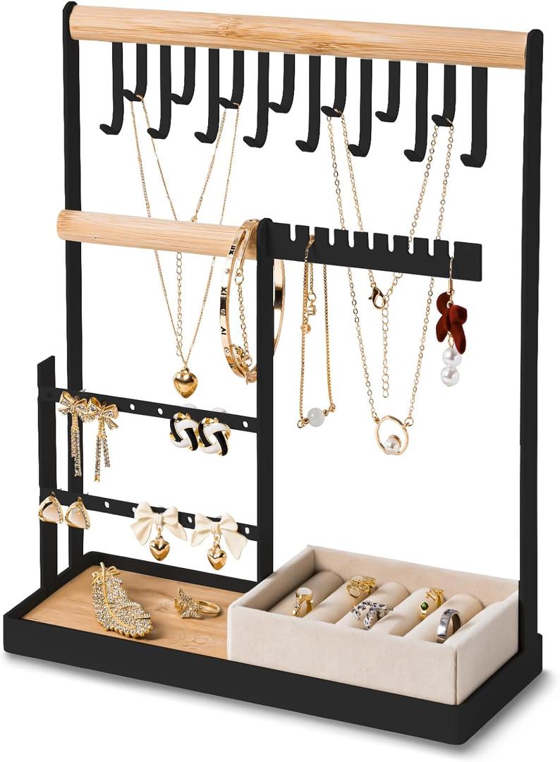 DreamGenius Jewelry Organizer Stand with Velvet Ring Holder, 4 Tier Jewelry Holder Organizer with 15 Hooks for Necklaces and 16 Holes for Earrings, Black (Medium)