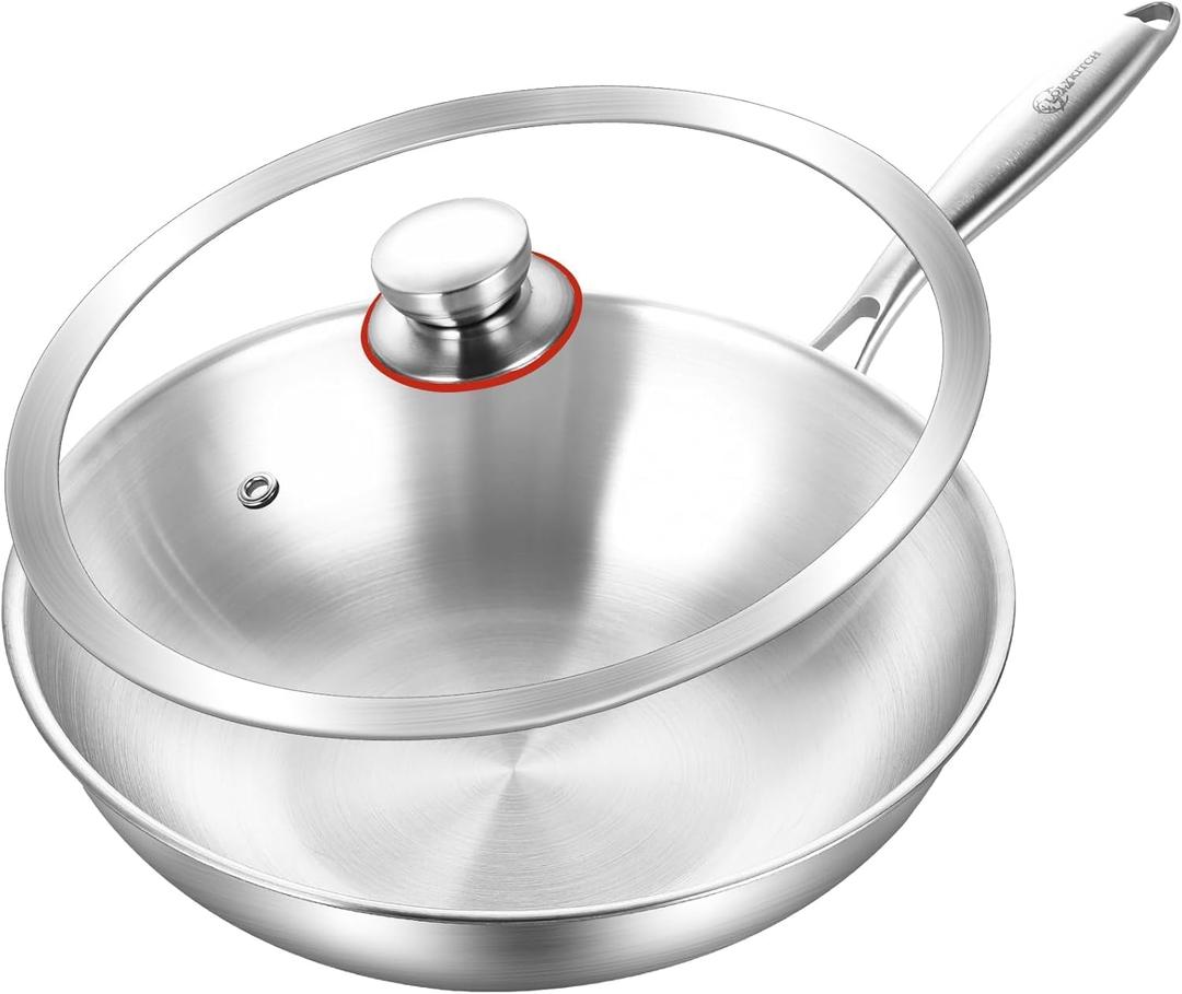 LOLYKITCH 12.5 Inch Tri-Ply Stainless Steel Wok Pan with Lid, Induction Stir-Fry Pan, Dishwasher and Oven Safe, Heavy Duty and Detachable Handle