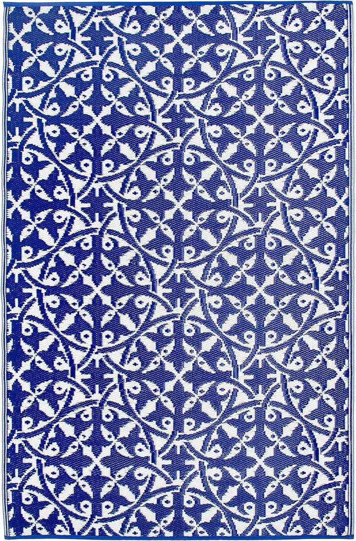 Fab Habitat Outdoor Rug - Waterproof, Fade Resistant, Crease-Free - Premium Recycled Plastic - Spanish Tile Farmhouse - Patio, Deck, Porch, Balcony, Laundry Room - San Juan - Dark Blue - 4 x 6 ft