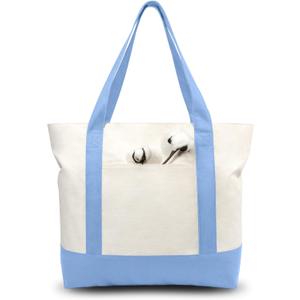 TOPDesign 6-Pack Canvas Tote Bags with an External Pocket, Reusable Grocery Shopping Bags, Top Zipper Closure, Daily Essentials (Light Blue/Natural)