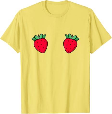 Strawberry Fruit Boobs Funny Summer Food T-Shirt (Yellow, S)