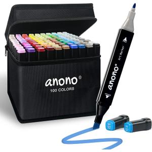 anono 100 Colors Alcohol Markers Set, Coloring Markers with Chisel and Fine Tips, Includes Carrying Case, Suitable for Book Painting and Coloring, Black Barrel