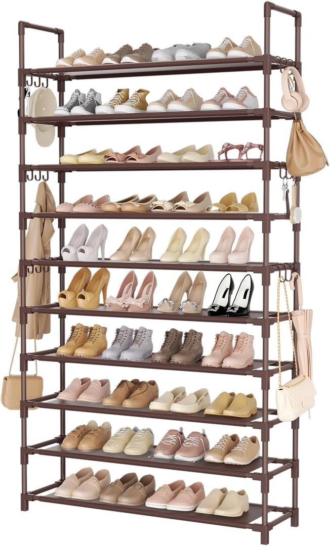 Tall Shoe Rack 10 Tier Shoe Organizer Large Shoe Shelf with 18 Hooks Storage for 50 Pair Sneaker and Boot, Stackable Vertical Shoe Rack Organizer for Closet, Entryway, Bedroom, Brown (10 Tier-68" High-34" Wide)