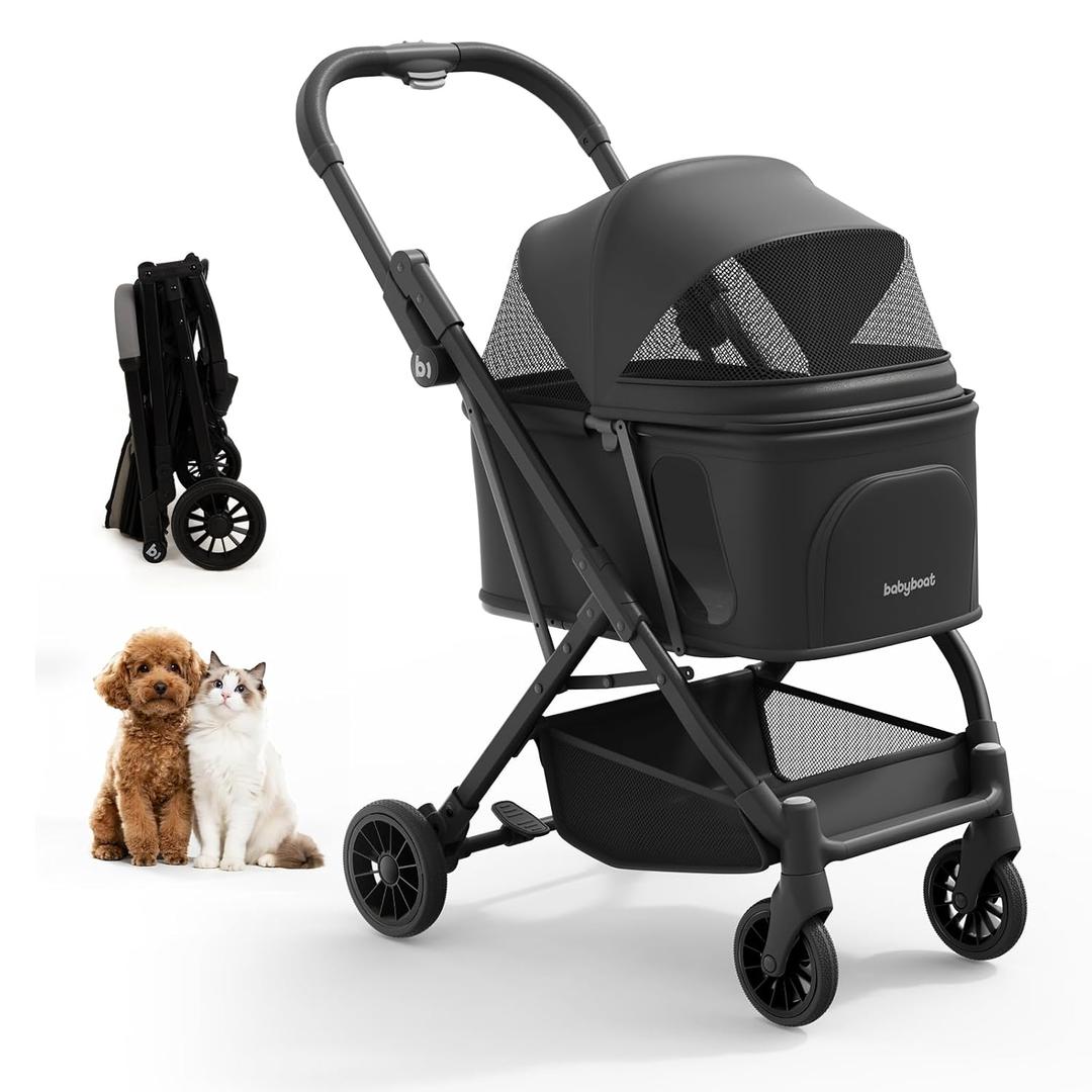 Lightweight Dog Stroller for Small Dogs & Cats Portable Compact Folded Pet Stroller Up to 35lbs Medium Pets One Click Folding Large Cat Carriage with Convertible Canopy Storage Basket - Black