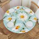 Round Watercolor Floral Daisy Tablecloth Spring Summer Elastic Edge Fitted Table Cover Fits Tables Up to 45"-50" Diameter