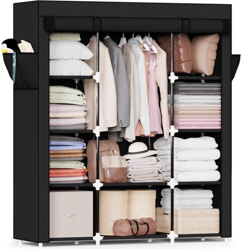 Mavivegue Portable Closet, Wardrobe Closet Organizer with Cover, 3 Hanging Rods and Shelves,Large Capacity for Bedroom, Living Room (Black, 59" W x 18" D x 64" H)