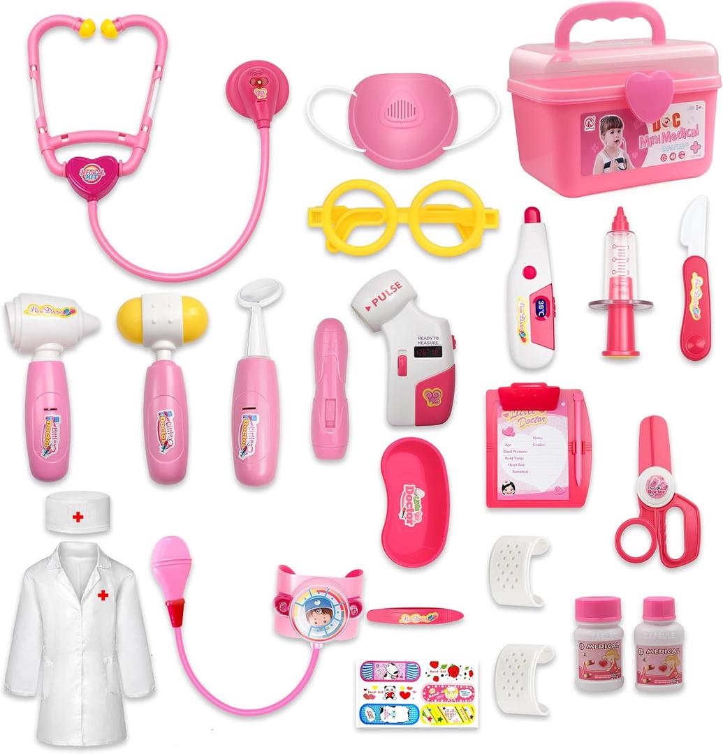 PJG Doctor Kit for Toddlers 3-5, Pretend Doctor Kids Play Set with Costume and Stethoscope Ages 3-6 , Doctor Kit Toys for 2 3 4 5 6 Year Old Girls Boys Girls for Christmas / Birthday Gift, Pink